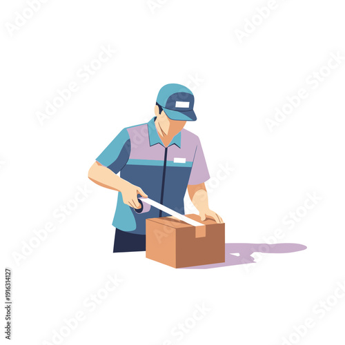 Delivery man sealing a cardboard box with tape, preparing for shipment