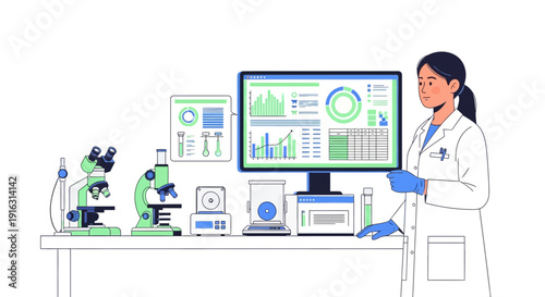 Scientist in Lab Analyzing Data on Computer Screen.