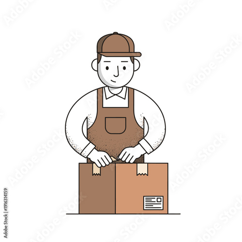 Delivery man sealing a cardboard box with tape, preparing for shipping