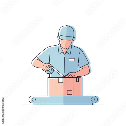 Warehouse worker sealing package on conveyor belt, logistics and shipping concept