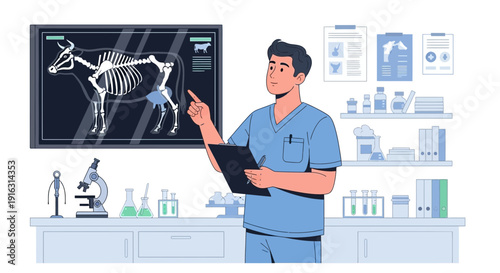 Veterinarian examining cow xray in clinic holding clipboard.