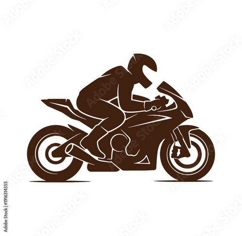 Motorcycle rider in racing position on a bike speeding along a road track  dynamic action scene
