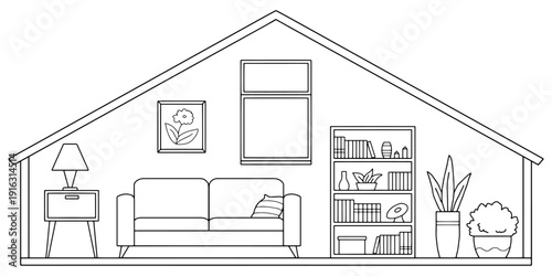 Attic living room graphic black white home interior sketch illustration vector 