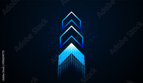 Layered arrows rise in a glowing formation, symbolizing quantum technology driving digital increase and ultimate success. and Neon arrows point upward from a radiant base