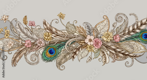 Intricate Peacock Feather Floral Embroidery Design.