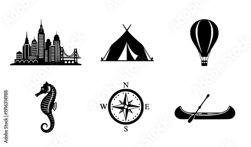 Black silhouette icon set – cityscape, tent, seahorse, balloon, compass, canoe