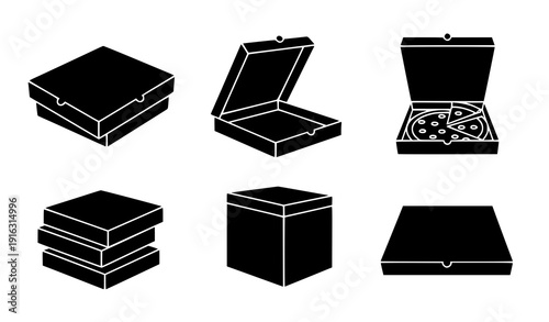 Black pizza box silhouette icons in 2x3 grid