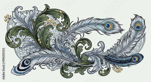 An ornate illustration featuring peacock feathers and decorative foliage, with intricate details.