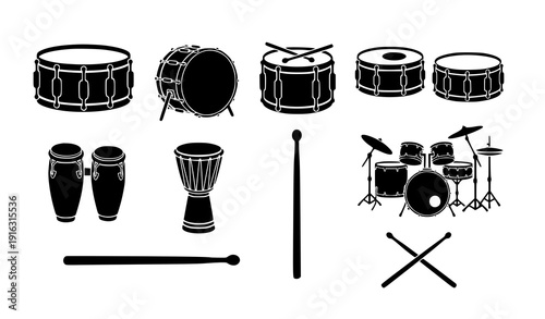 Percussion drum black silhouette vector icon pack