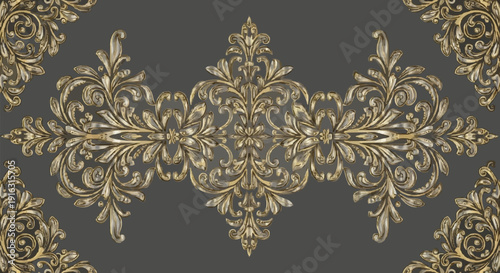 Ornate golden decorative pattern with intricate floral and scrollwork details on a dark gray background.