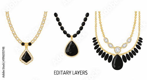 Three elegant necklaces with black gemstones and gold chains, showcasing jewelry design.