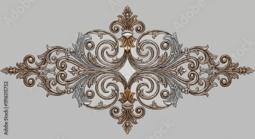 Ornate symmetrical decorative element with intricate scrollwork and floral motifs, elegant design.