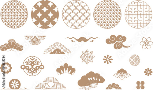 Japanese Traditional Patterns and Motifs Collection Golden Geometric Design Elements