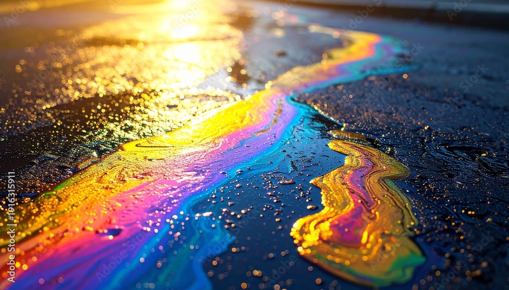 Obraz premium Iridescent Spill on Asphalt Road Reflecting Sunlight Creates Abstract Colorful Pattern and Texture for Industrial or Environmental Use.