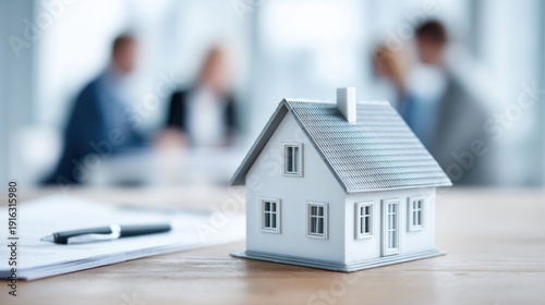 Real estate agent showing a house model to clients during a meeting