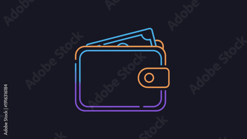 Neon wallet with cash glowing on black background.