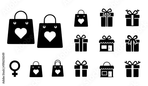 Black Shopping Bag and Gift Box Silhouette Icons Vector EPS 10