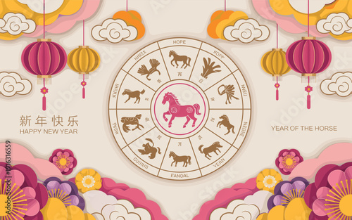 Chinese Zodiac Horse Year Wheel with Lanterns and Flowers Festive New Year