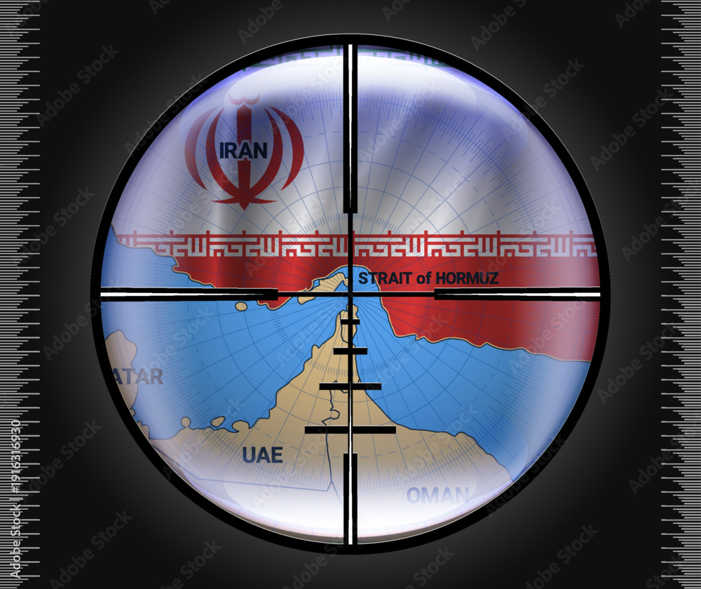 Fototapeta premium Vector map of Islamic Republic of Iran in colors of national flag and Strait of Hormuz. Black military optical sight. Aim. Reflections. Iranian