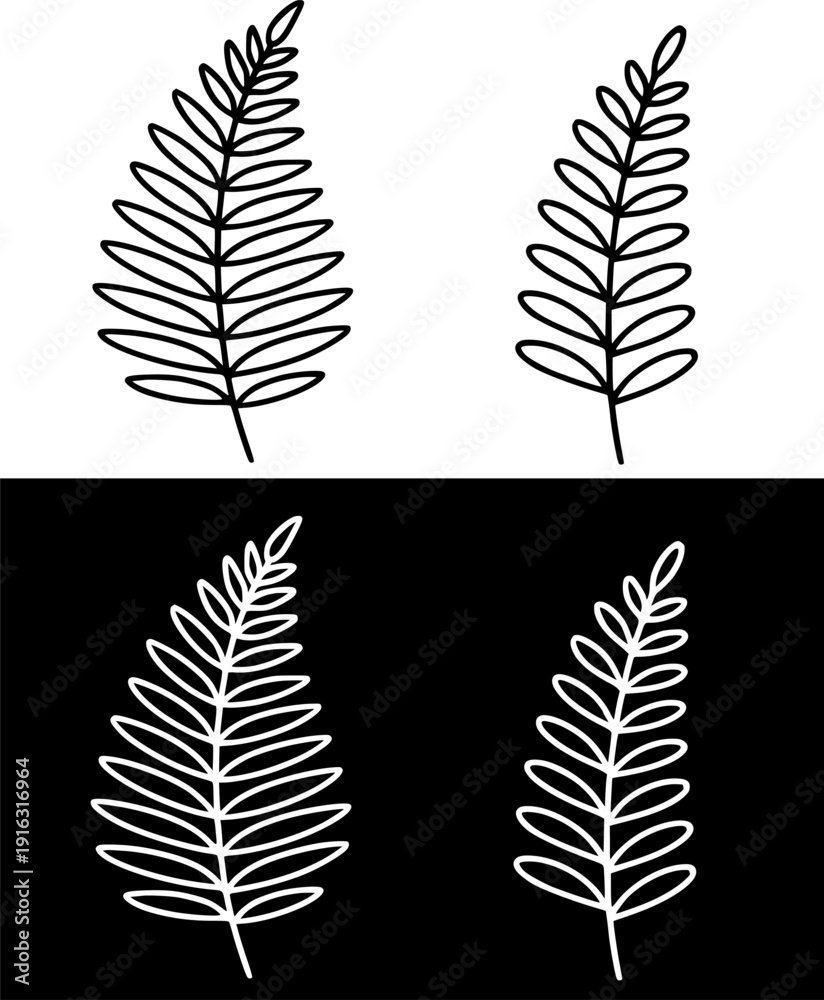 Fototapeta premium Plant icon, vector illustration of fern, black and white with outline design, in original and negative versions