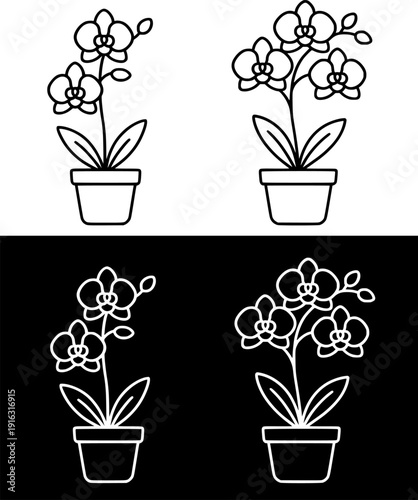 Plant icon, vector illustration of orchid plant, black and white with outline design, in original and negative versions