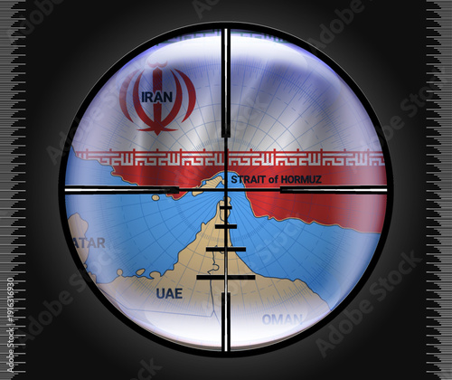 Vector map of Islamic Republic of Iran in colors of national flag and Strait of Hormuz. Black military optical sight. Aim. Reflections. Iranian