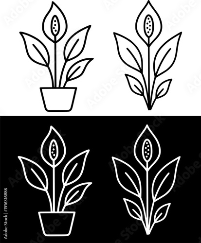 Plant icon, vector illustration of peace lily, black and white with outline design, in original and negative versions