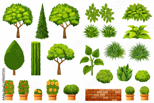 Collection of various green trees shrubs and potted plants