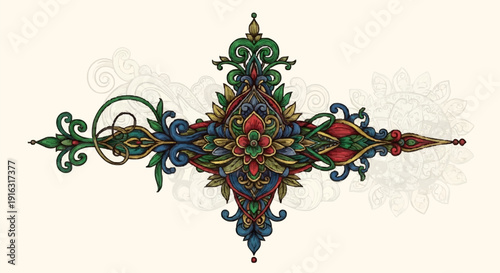 Intricate and colorful ornamental design featuring floral and arabesque elements, symmetrical composition.