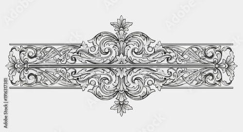 Ornate, symmetrical, and detailed decorative scrollwork design, featuring floral and foliate elements.