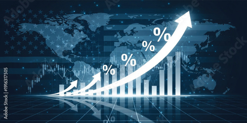 Global Economic Growth Percentage Chart with Rising Arrow, World Map Background, Financial Market Statistics, Investment Performance and Business Analytics Technology Concept