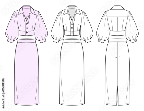 Pastel Lilac Cropped Puff Sleeve Blouse and High Waisted Column Midi Skirt Co Ord Technical Fashion Illustration. Two Piece Matching Set with Back Slit Skirt. Front and Back View CAD Vector Template