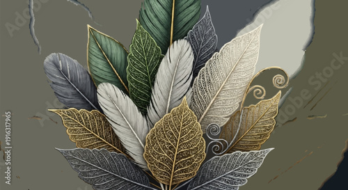 An artistic depiction of stylized leaves and feathers in various colors, creating a textured composition.