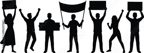 Protesters silhouette with banners and raised fists, political demonstration rally activism movement vector illustration