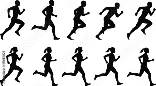 Running men and women silhouettes set, athletic sprinting people isolated black vector illustration on white background