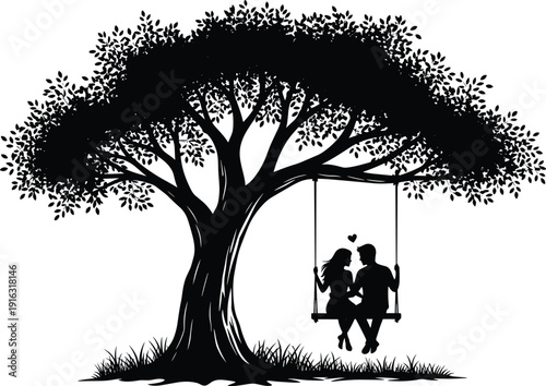 Romantic couple on swing under large tree silhouette, love scene with heart symbol in peaceful nature setting