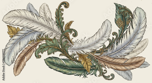 An ornate illustration featuring a collection of stylized feathers and intricate foliage elements.