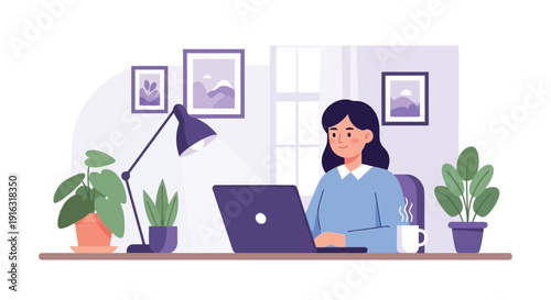 Woman working on laptop at desk with plants and framed office
