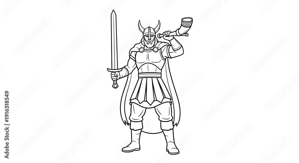 Fototapeta premium Viking Warrior with Sword and Horn, Outline Drawing, Medieval Fighter, Norse Mythology
