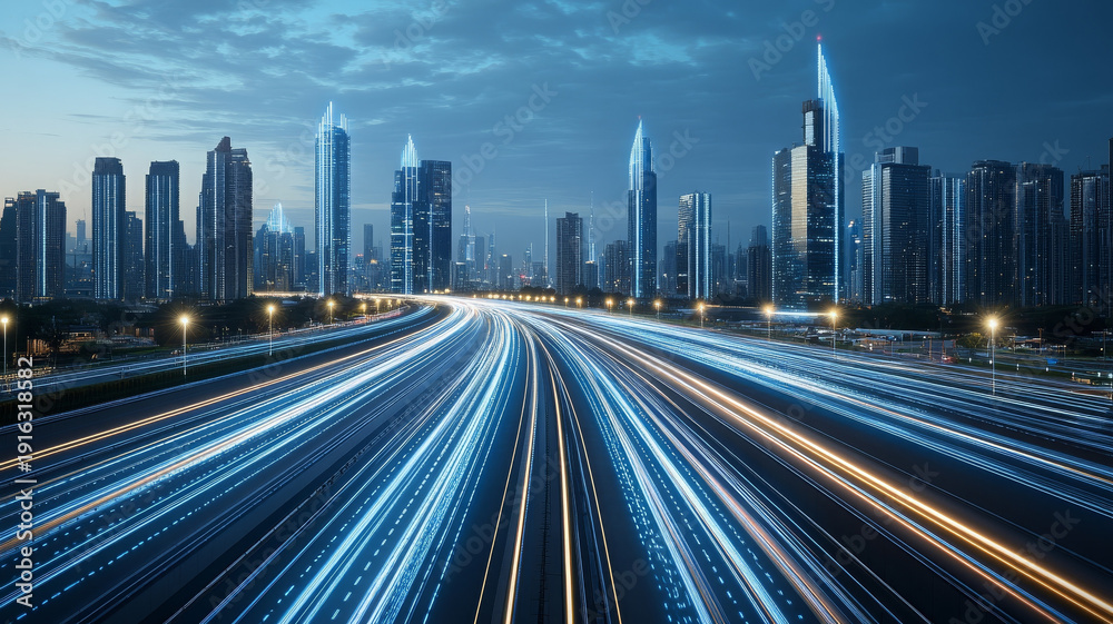 Fototapeta premium Modern city skyline with illuminated skyscrapers and light trails on urban bridge at dusk