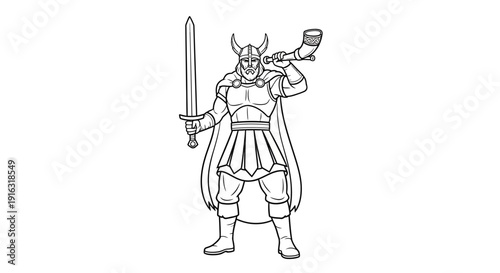 Viking Warrior with Sword and Horn, Outline Drawing, Medieval Fighter, Norse Mythology