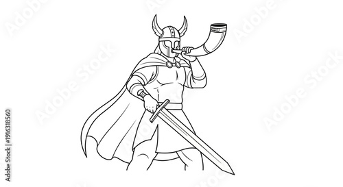 Viking warrior blowing horn with sword, historical illustration