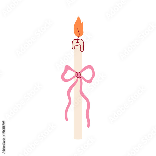 Curly Lace Bow Candle Illustration. Slender wax taper with ribbon detail and bright flame. Elegant feminine pastel decorative flat vector art