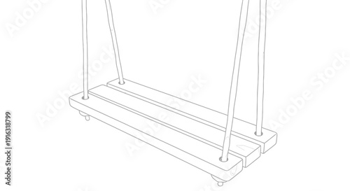 Simple Wooden Swing Seat Hanging by Ropes on White Background - Line Art Illustration