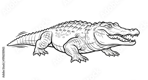 Smiling Alligator Illustration - Black and White Line Art