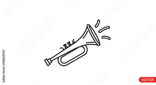 Simple Line Art Icon of a Trumpet with Sound Waves, Musical Instrument Vector