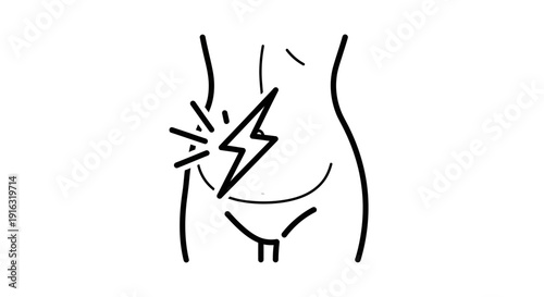 Abdominal pain icon, lightning bolt symbol for discomfort, stomach ache, medical illustration