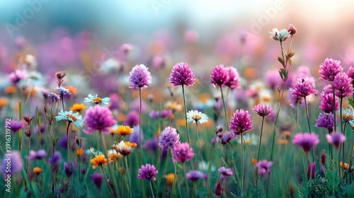 Vibrant meadow filled with diverse wildflowers in soft, dreamy bokeh lighting
