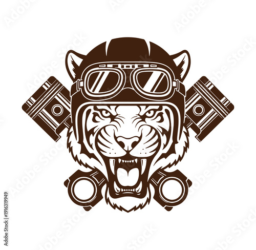 Tiger head wearing helmet and goggles with engine parts  fierce animal illustration