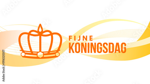 Fijne koningsdag banner with crown on abstract wavy white and orange background